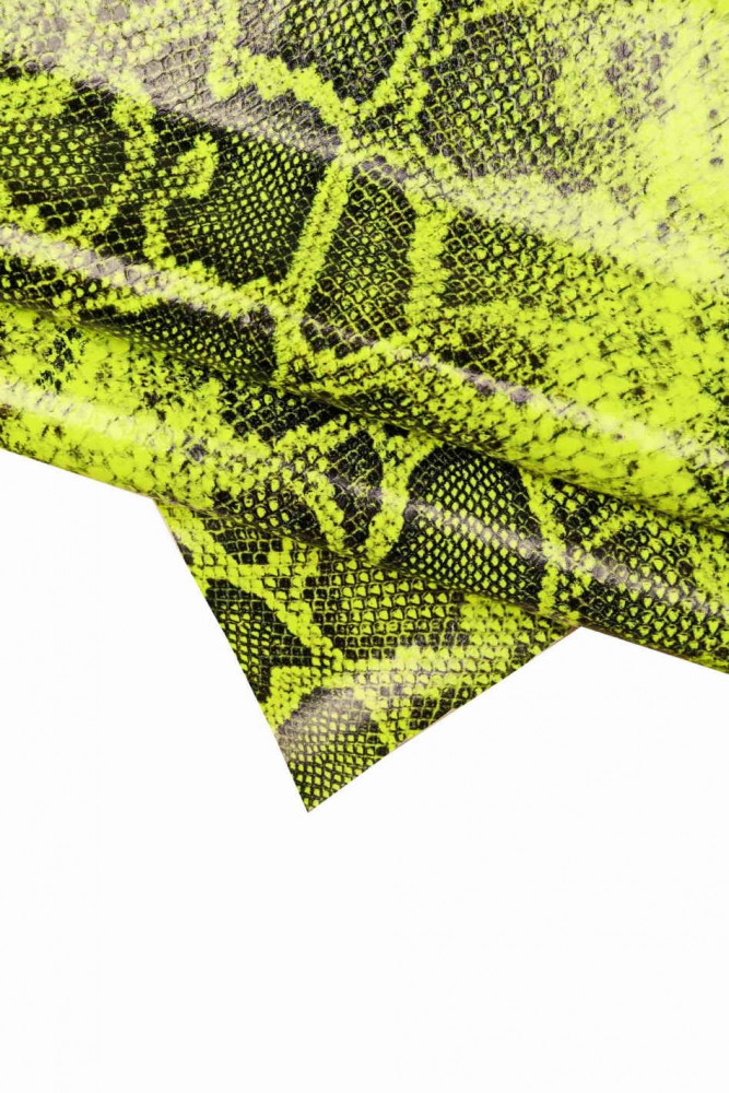 Fluo neon yellow black PYTHON textured leather hide, glossy reptile printed cowhide, snake pattern on stiff cowhide