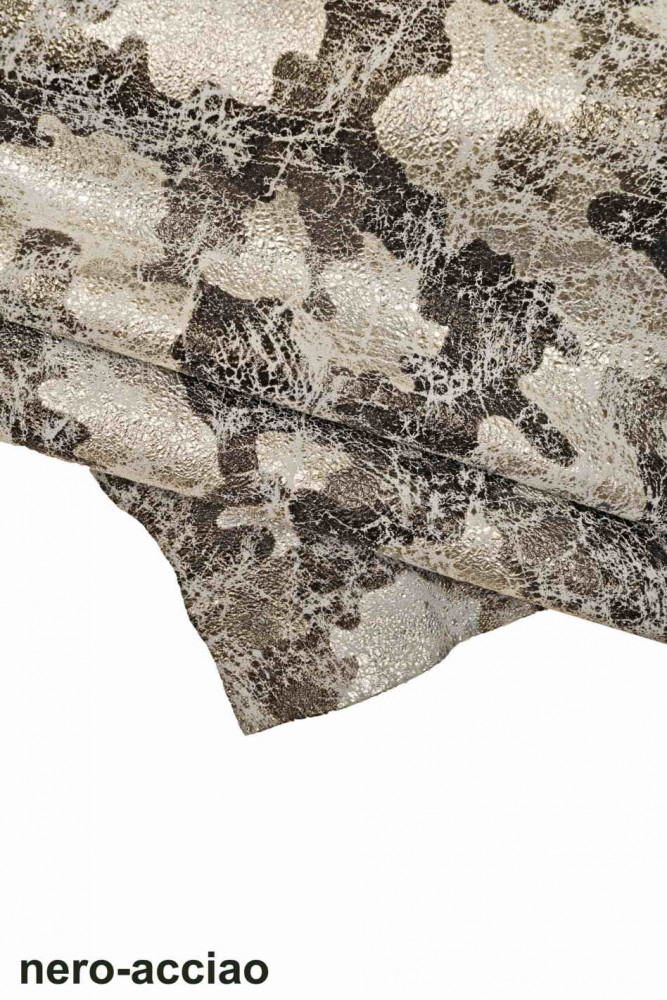 CAMOUFLAGE textured leather skin, crackle effect vintage goatskin, sporty soft distressed hide