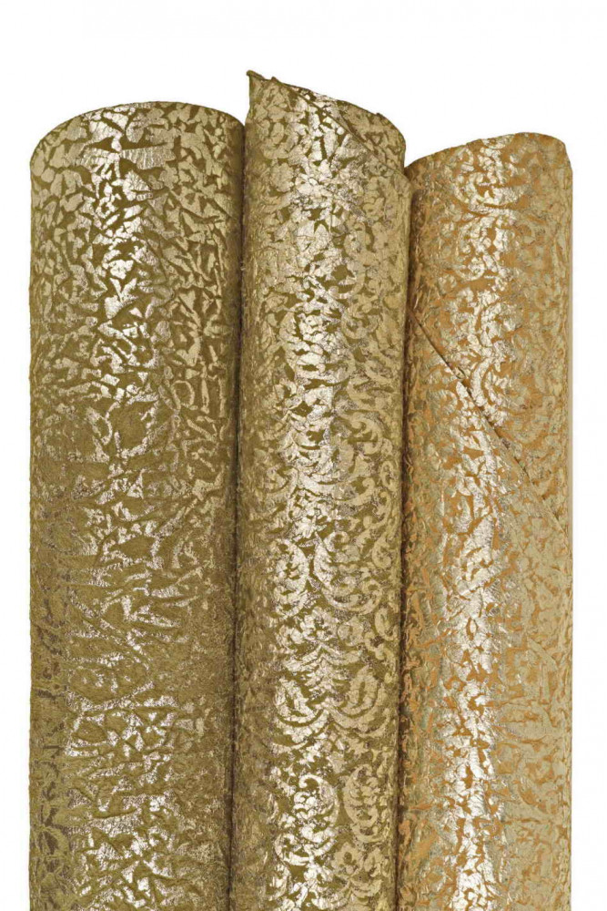 Pelle SCAMOSCIATA laminata, nabuk verde beige metallizzato stampato, pellame luminoso