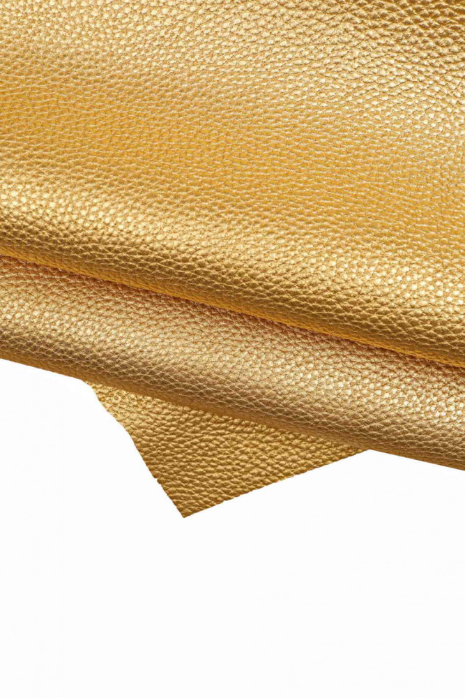 Pellame LAMINATO oro, vitello con stampa grana dollaro, pelle metallizzata stampata morbida, 1.6 - 1.7 mm