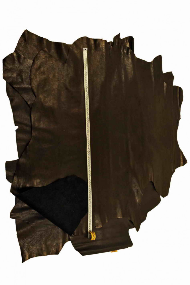 VEGETABLE tanned leather skin, black lambskin with brown shades, wrinkled  soft vintage sheepskin