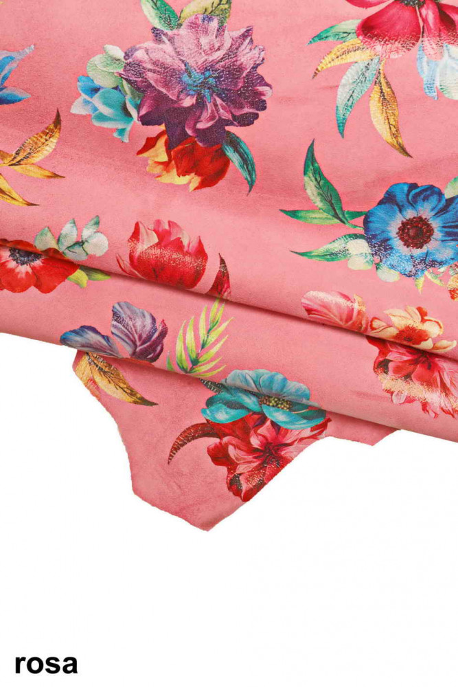 Multicolor FLORAL textured leather skin, flower print on suede goatskin, soft printed hide
