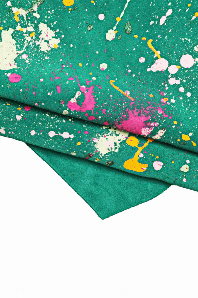 Pellame ORIGINALE verde con stampa schizzo, vitello scamosciato smeraldo con decorazione pollock multicolor, pelle artistica