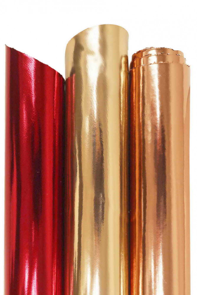 Pelle LAMINATA specchio rosso, bronzo, oro rosa, pellame di capra e vitello metallizzato liscio