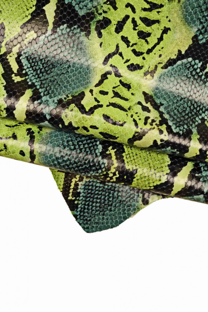 Green PYTHON printed calfskin, glossy snake pattern on leather hide, soft reptile textured cowhide