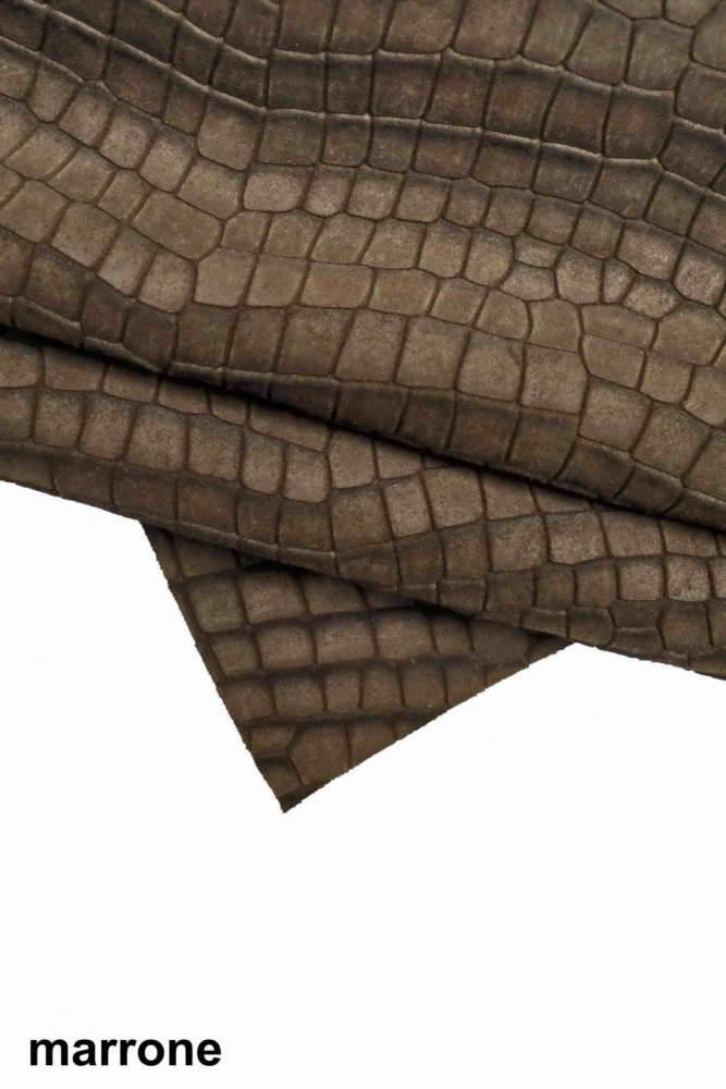 CROCODILE embossed suede leather hide, brown, grey, green croc embossed nubuck calfskin, soft sporty cowhide shades