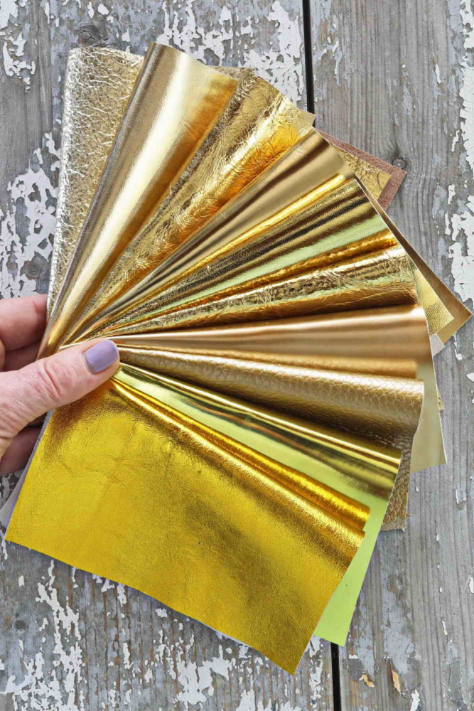 10 Ritagli di pelle ORO laminata, selezione casuale di metallizzati tinta unita LISCI, con grana, spessori e morbidezze varie