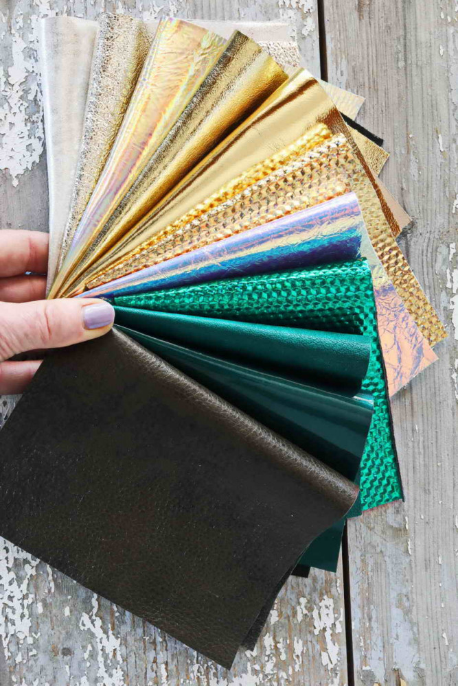 10 PLATINUM GOLD and GREEN leather scraps, metallic and not, smooth, solid tones, random assortment, grains various