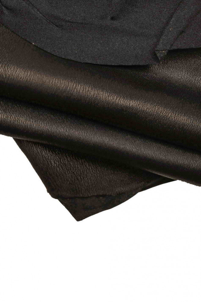 Pelle di AGNELLO telata elasticizzata, nappa nera effetto raggrinzito, pellame nero morbido, 1.1 - 1.3 mm