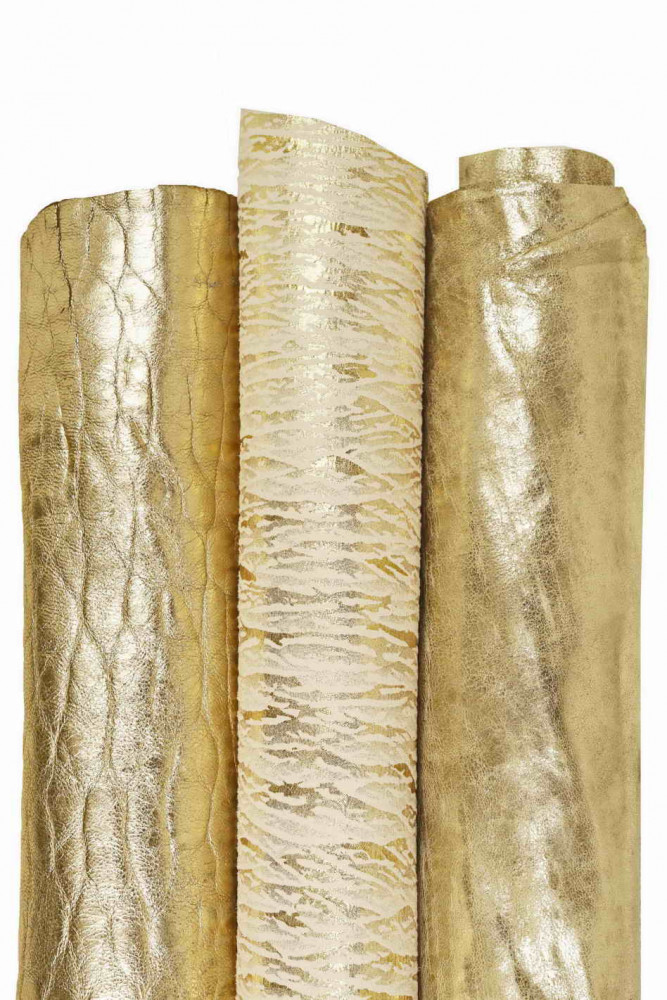 3 pelli PLATINO oro abbinate, mix di pellami alta qualità, laminati, stampati, morbidi