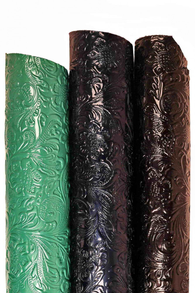 Pelle di VERNICE stampa floreale verde blu nero, pellame lucido stampato in rilievo, vitello motivo fiori