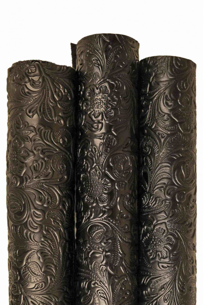 Pelle stampa FLOREALE nera, pellame motivo fiori in rilievo, vitello nero stampato