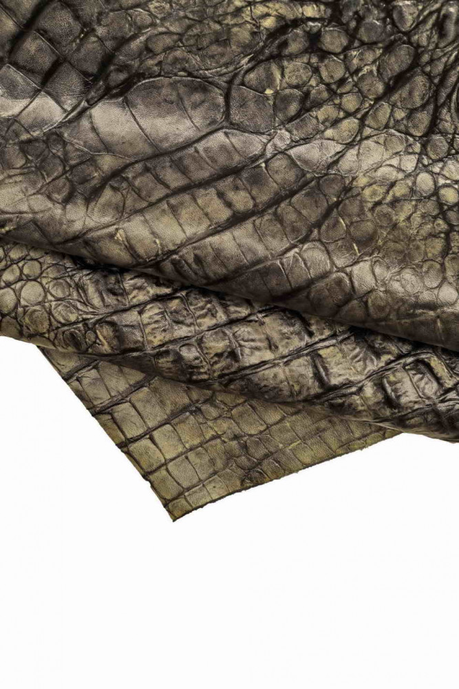 GREY crocodile embossed leather hide, croc printed calfskin with 