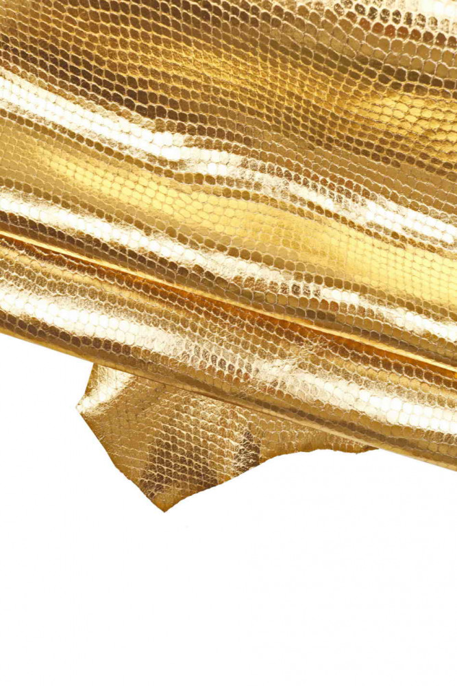 Pelle oro stampata PITONE, pellame laminato motivo serpente, capra metallizzata dorata morbida