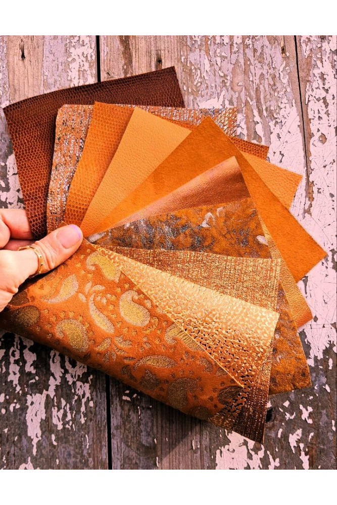 10 Selected leather scraps, ORANGE and LIGHT BROWN tones, mix colorful selection leather remnants as per pictures