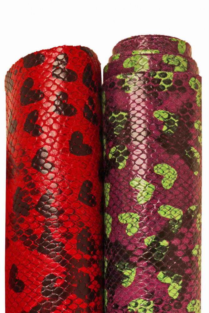 HEART printed leather hide, red/black, purple/green reptile embossed cowhide, love print on glossy soft calfskin