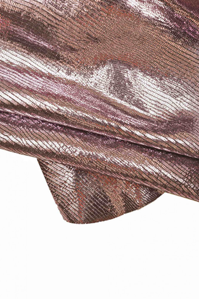Pelle stampa LUCERTOLA laminata, pellame metallizzato rosa lilla, capra super luminosa super morbida motivo lizard