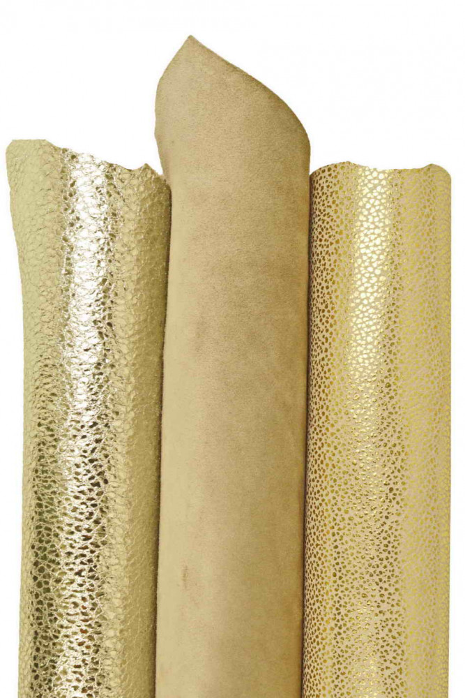 SET di 3 pelli oro platino beige, assortimento di pellami di capra metallizzati stampati scamosciati, abbinati come da foto