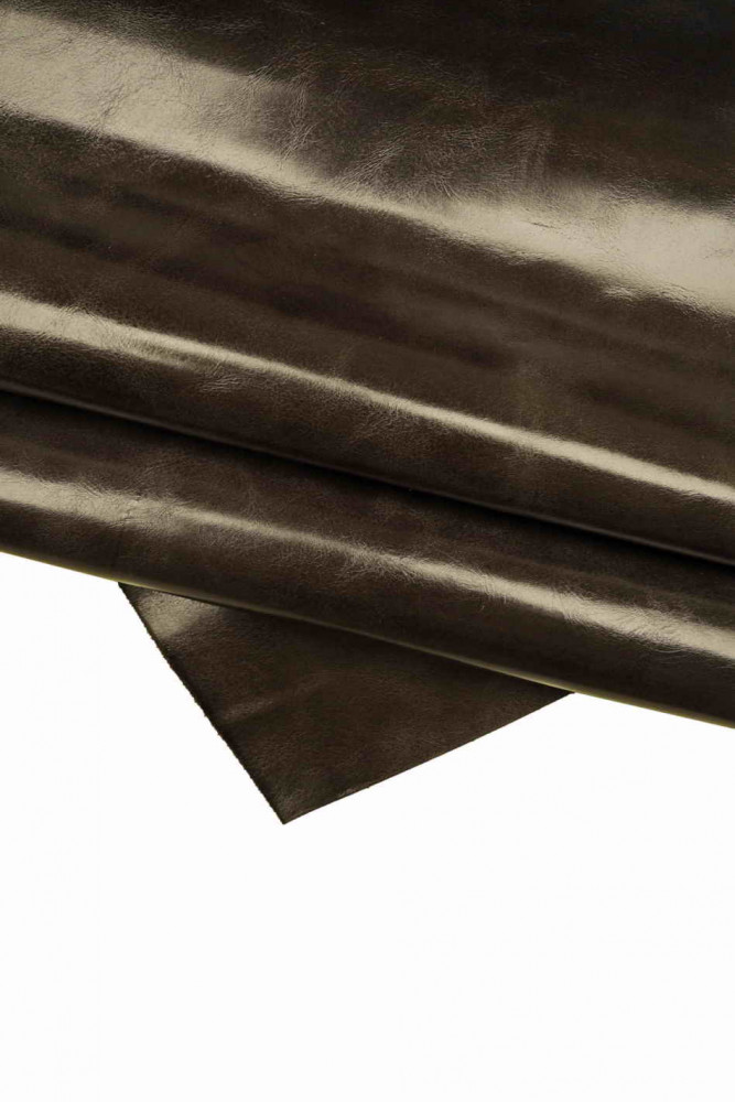 GREY glossy leather hide, gray vegetable tan calfskin, wrinkled pull up effect cowhide, 0.7 - 1.0 mm