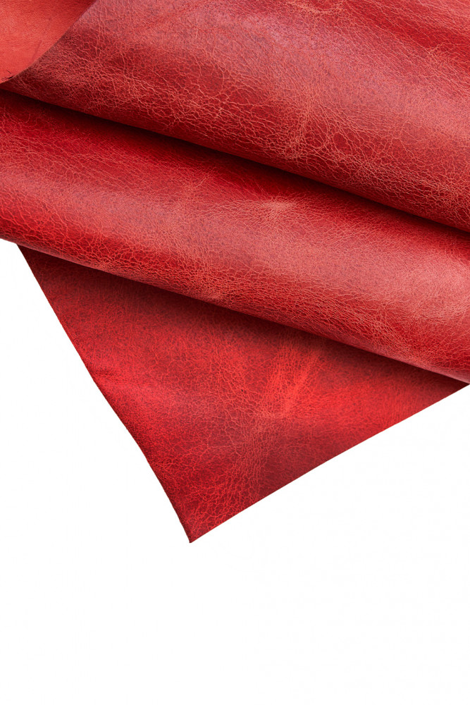 RED vintage leather skin, wrinkled kangaroo leather hide, semi glossy quite soft skin 0.6 - 0.8 mm
