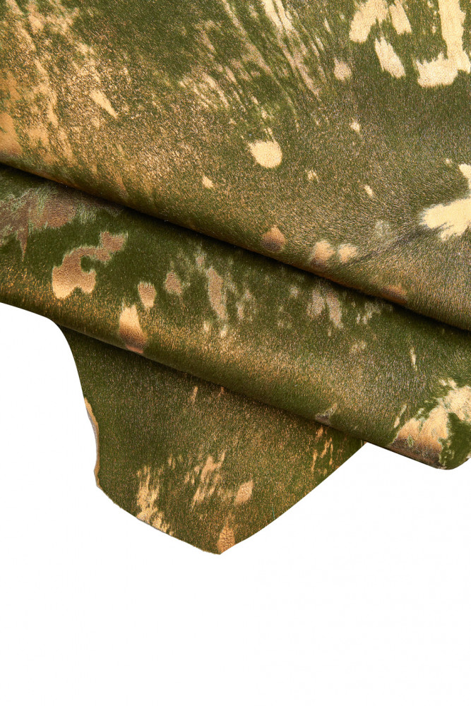 Green gold METALLIC hair on leather hide, vintage distressed spotted print on soft hairy cowhide