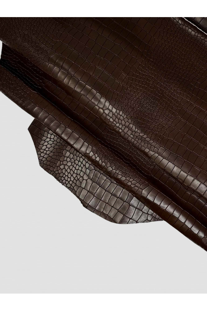 BROWN crocodile embossed leather hide, glossy soft calfskin, classic croc printed cowhide