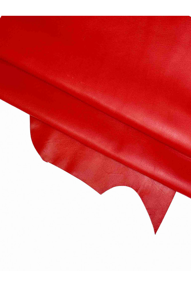 RED soft leather hide, semi glossy nappa calfskin, solid color cowhide with light natural grain, 0.7 - 0.9 mm