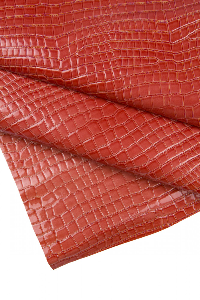 Red CROCODILE embossed leather hide, glossy croc printed cowhide, printed calfskin 0.7 - 0.9 mm