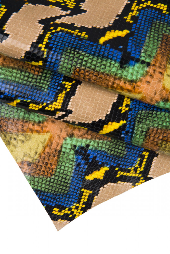 Pelle stampata PITONE multicolor, vitello disegno rettile lucido, pellame motivo serpente morbido