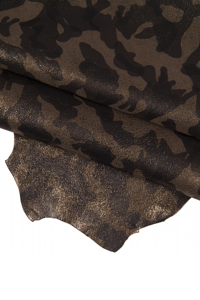 CAMOUFLAGE printed leather skin, brown grey black metallic goatskin, camo texture on soft bright hide