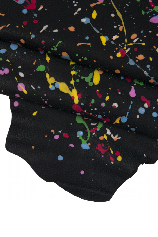 Multicolor UNIQUE leather skin, black goatskin colorful splash print, sporty soft handpainted hide