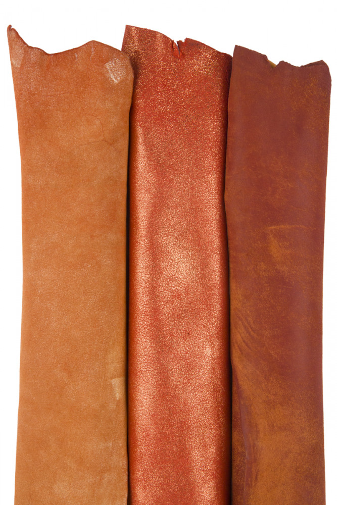 ORANGE top quality leather skins, boundle of 3 suede metallic printed goatskins as per picture