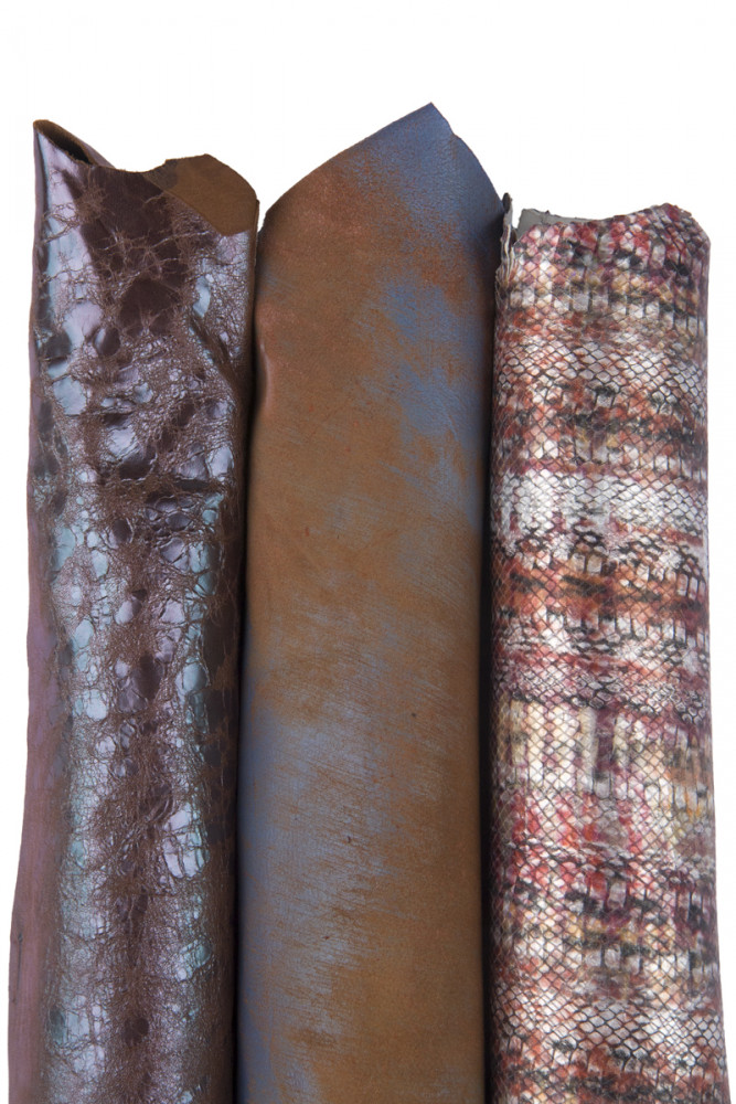 BOUNDLE of 3 brown orange light blue leather skins, assortment of high quality metallic printed goatskin as per picture