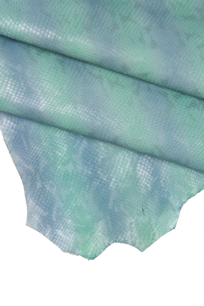 Turquoise light blue PYTHON printed leather skin, reptile textured soft goatskin, snake pattern on semi glossy hide