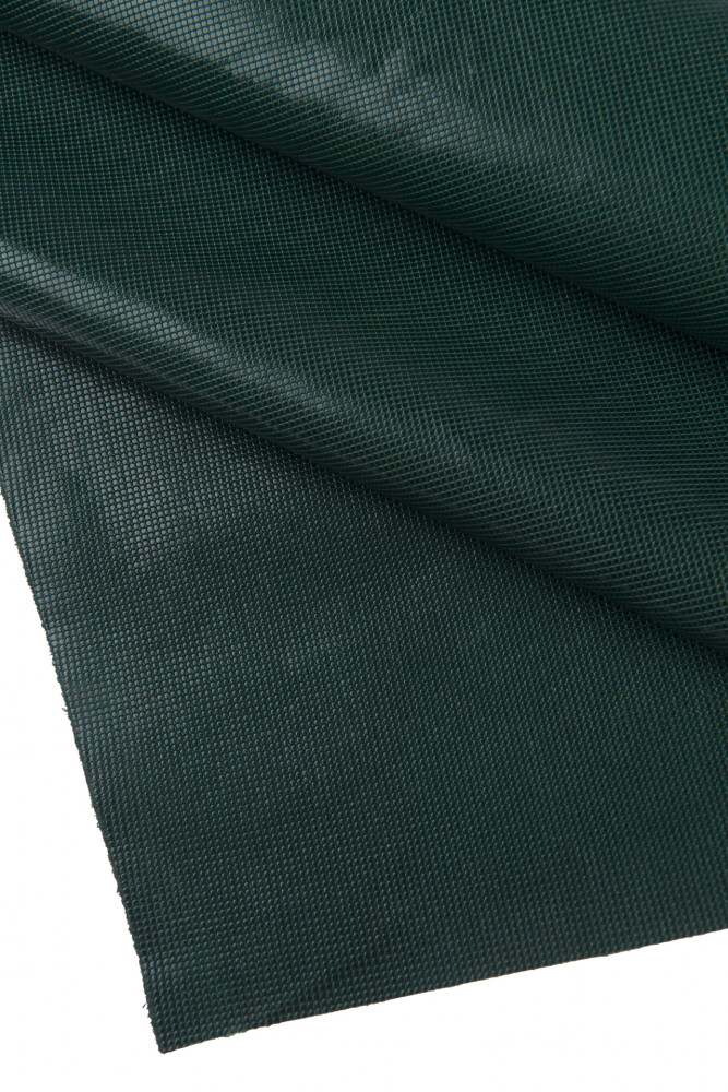 Dark green EMBOSSED leather hide, geometrical print on glossy soft cowhide