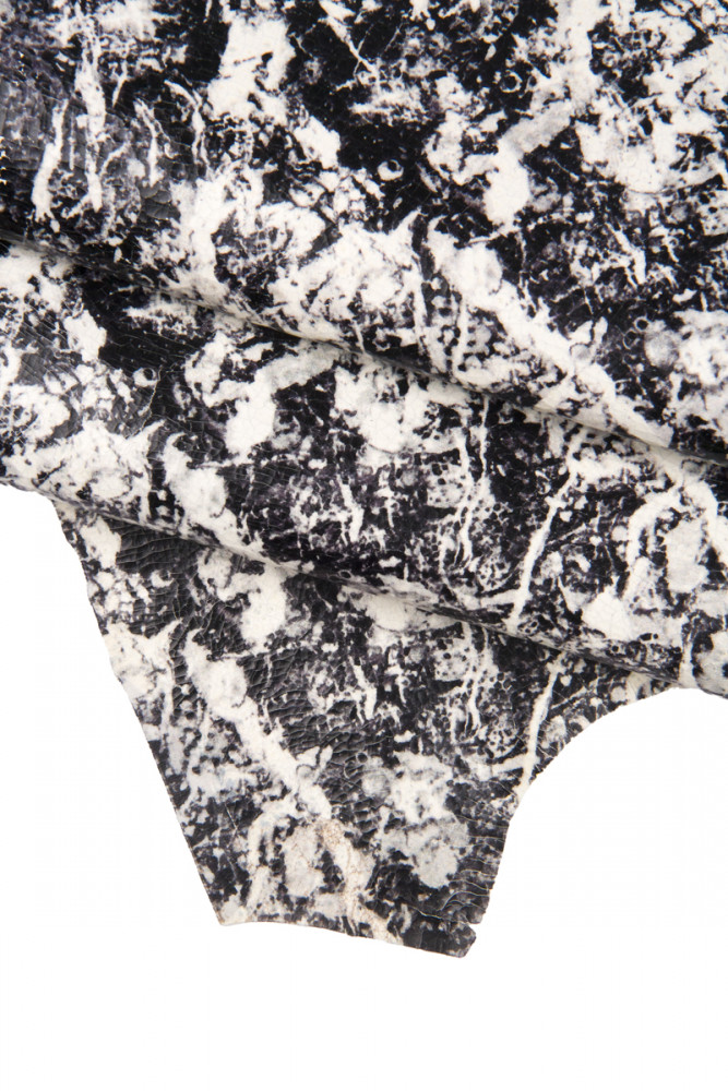 Black white TEXTURED leather skin, crackle printed goatskin with abstract pattern, semi glossy quite soft hide