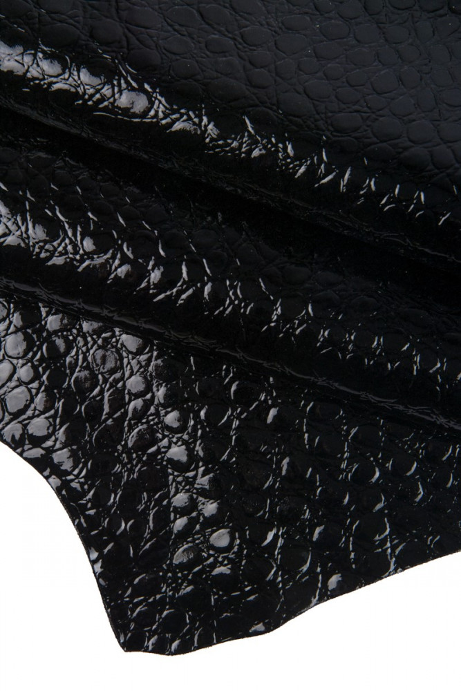 Black CROCODILE embossed leather hide, soft patent cowhide, glossy croc printed calfskin, 0.8 - 0.9 mm