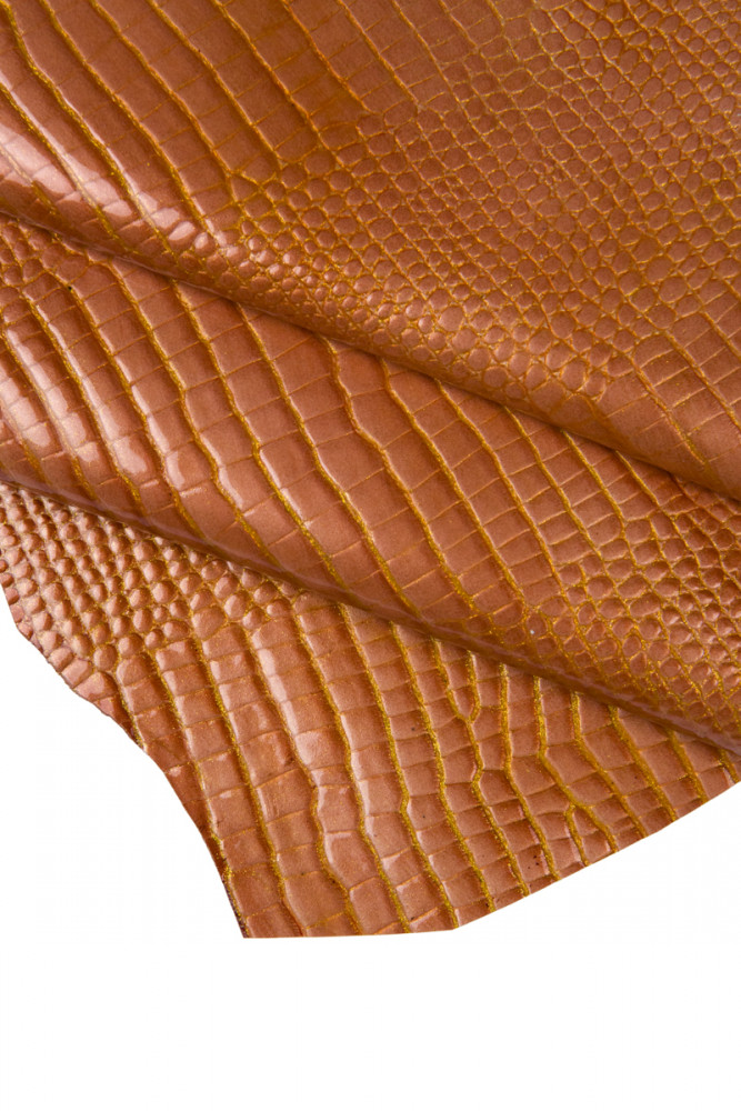 Pelle ARANCIONE stampata coccodrillo, capra verniciata arancio con contorni oro, pellame lucido stampa cocco