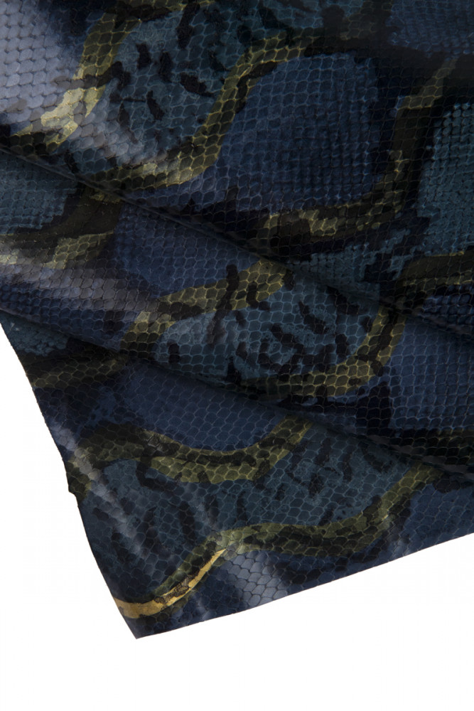 REPTILE animal printed leather hide, blue python textured calfskin, snake pattern on glossy soft cowhide