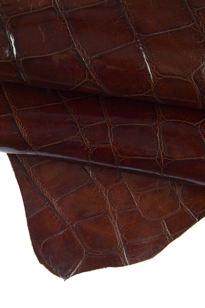 Crocodile EMBOSSED leather hide, brown glossy cowhide with light iridescent foil maxi croc print on calfskin