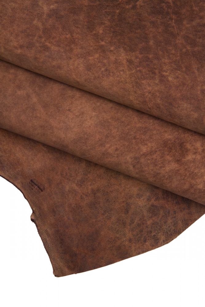 Reddish brown super VINTAGE leather skin, vegetable tan sporty goatskin with shades, ades sdistressed hide, medium softness