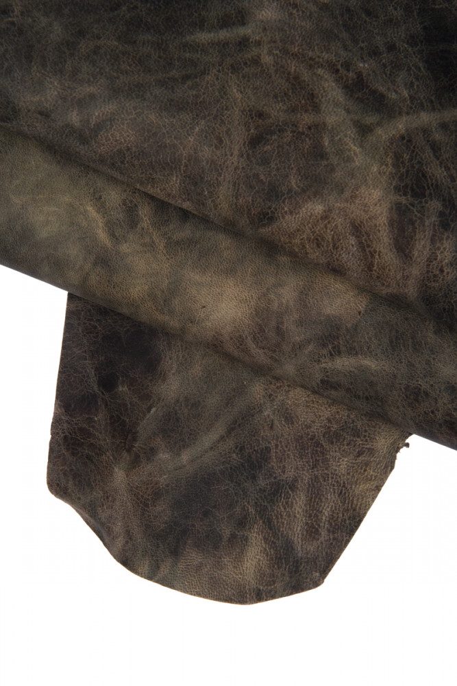 Green grey VEGETABLE tan leather skin, sporty wrinkled goatskin, tye dye effect matt hide, medium softness 0.6 - 0.8 mm
