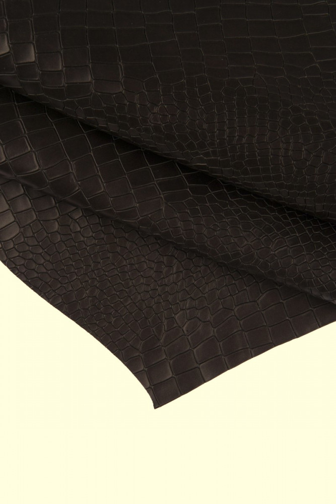 Dark brown CROCODILE embossed leather hide, glossy soft cowhide, croc printed calfskin