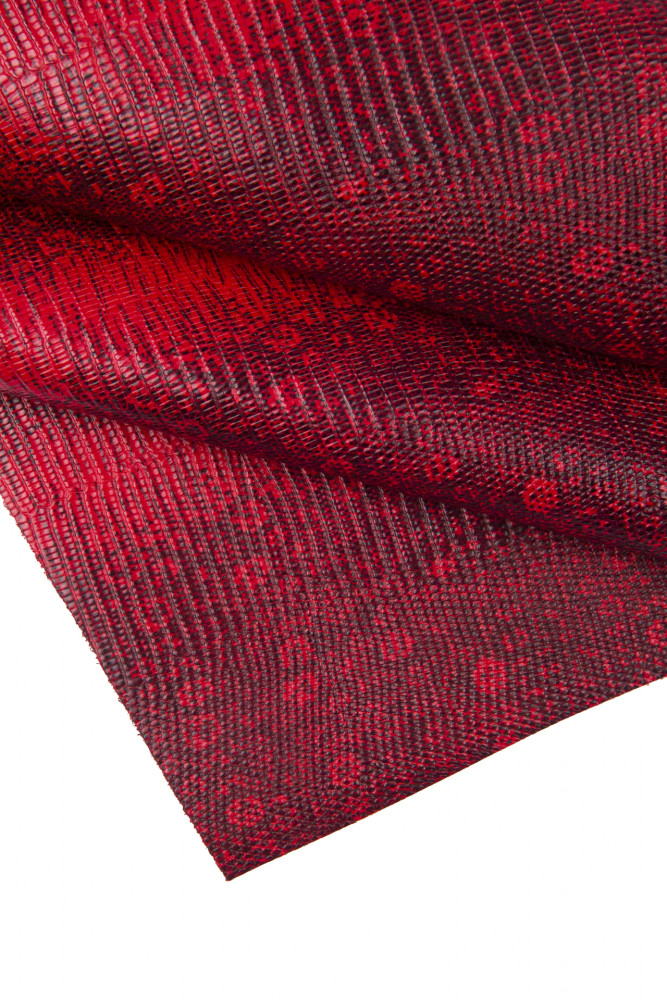 Pellame rosso nero stampa LUCERTOLA, pelle disegno lizard rossa e nera, vitello rigido semi lucido