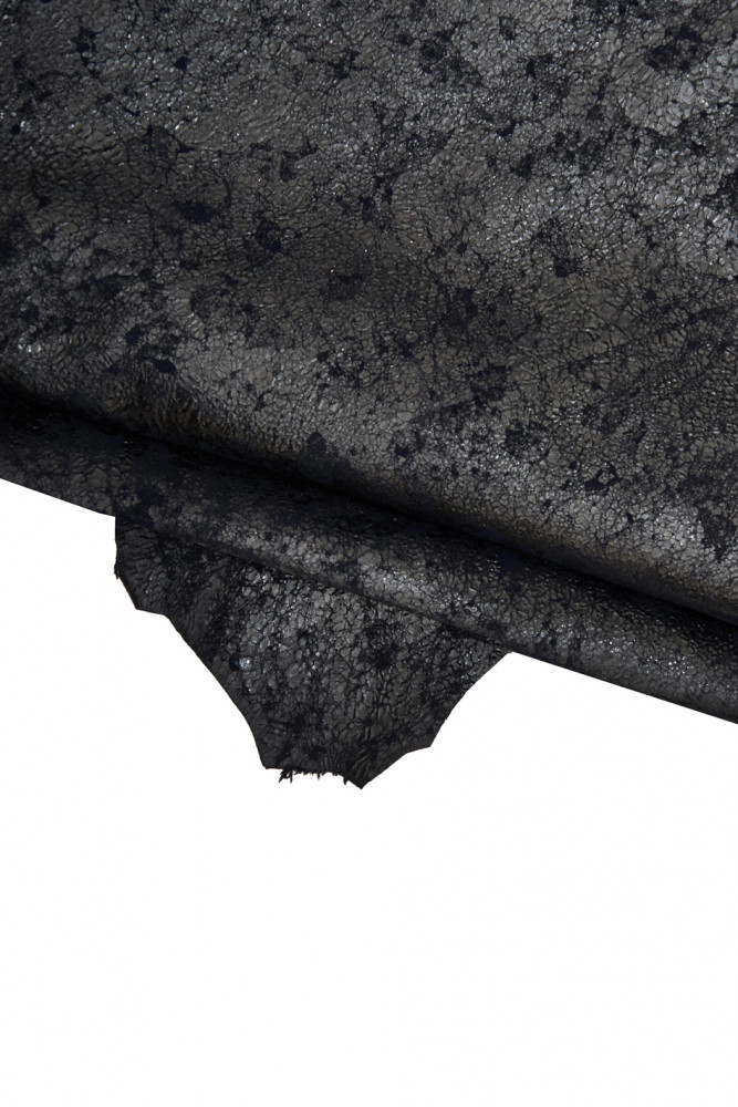 Black blue wrinkled CRACKLED leather skin, night blue suede hide with black glossy spotted print, vintage sporty soft goatskin