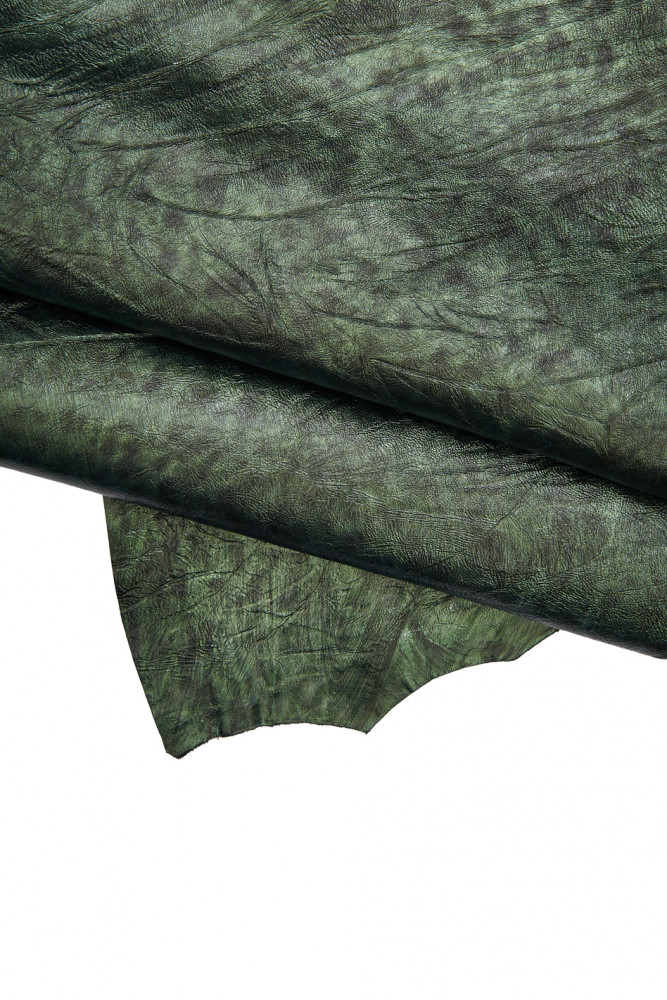 GREEN wrinkled leather skin, glossy sporty goatskin, soft patent hide, 0.9 - 1.1 mm