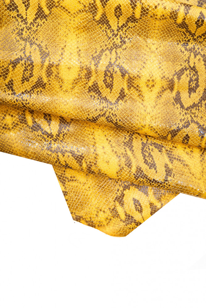 Yellow SNAKE printed cowhide, python textured glossy leather hide, reptile pattern on soft calfskin, 0.9 - 1.0 mm
