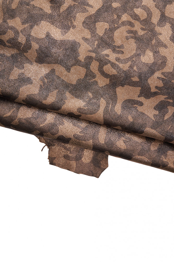 CAMO textured metallic leather hide, brown black printed goatskin, mimetic pattern on soft suede hide