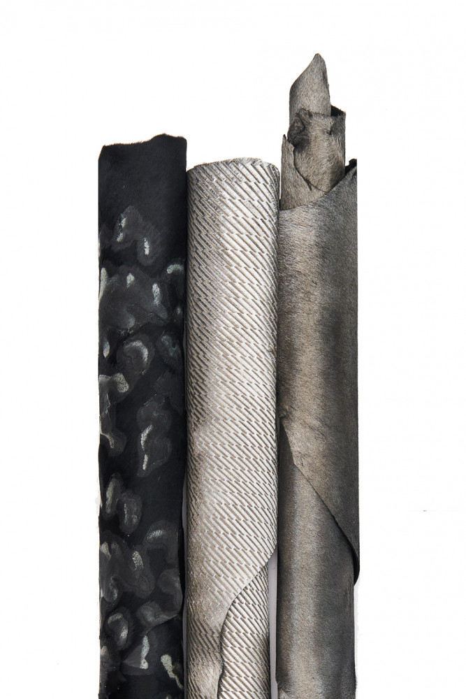 ASSORTMENT of black grey steelmetal hair on leather hide, pack of 3 metallic printed matching pony calfskin as per picture