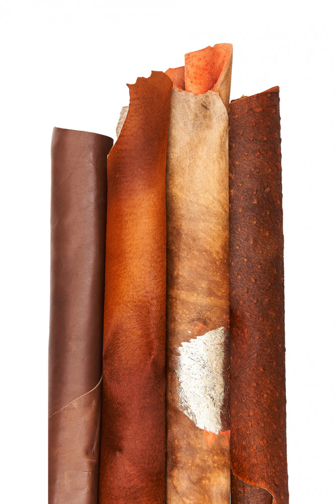Boundle of 4 BROWN leather hides, 3 hair on leather hides, solid color metallic printed pony cowhides, and 1 smooth calfskin